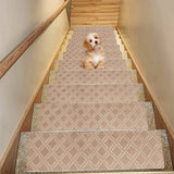 Chmadoxn 4-Piece Non-Slip Stair Treads, Self-Adhesive Striped Carpet Mats, Absorbent & Quiet Step Pads, Can Be Cut to Fit, Washable for Indoor Staircase Safety\u200b\u200b Khaki - Top-Down View