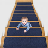 Chmadoxn 4-Piece Non-Slip Stair Treads, Self-Adhesive Striped Carpet Mats, Absorbent & Quiet Step Pads, Can Be Cut to Fit, Washable for Indoor Staircase Safety\u200b\u200b Navy - Low Angle