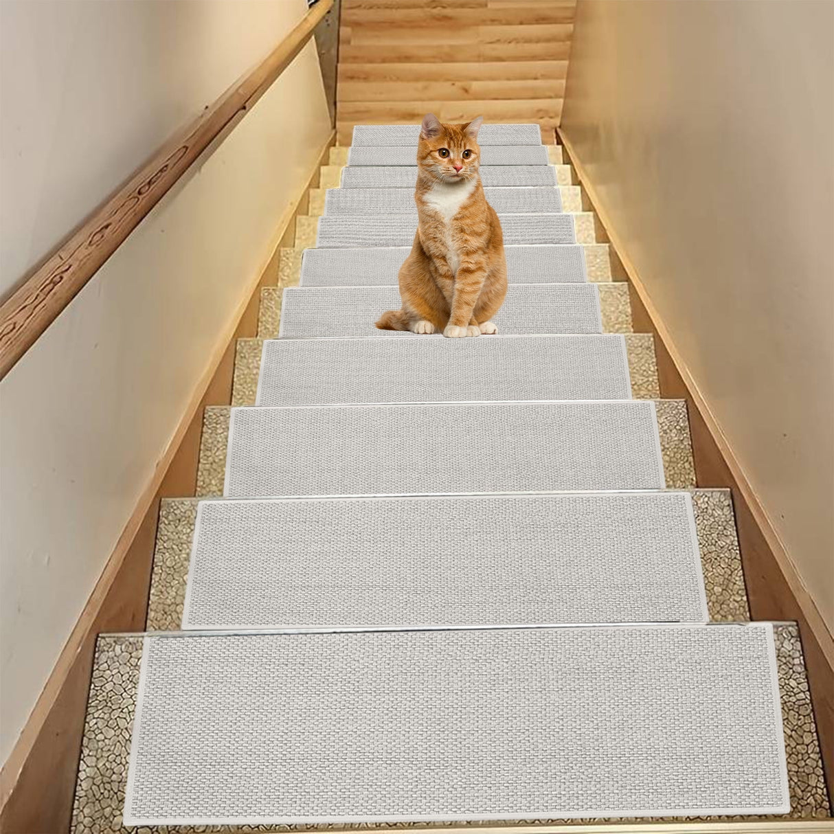Chmadoxn 4-Piece Non-Slip Stair Treads, Self-Adhesive Striped Carpet Mats, Absorbent & Quiet Step Pads, Can Be Cut to Fit, Washable for Indoor Staircase Safety\u200b\u200b White