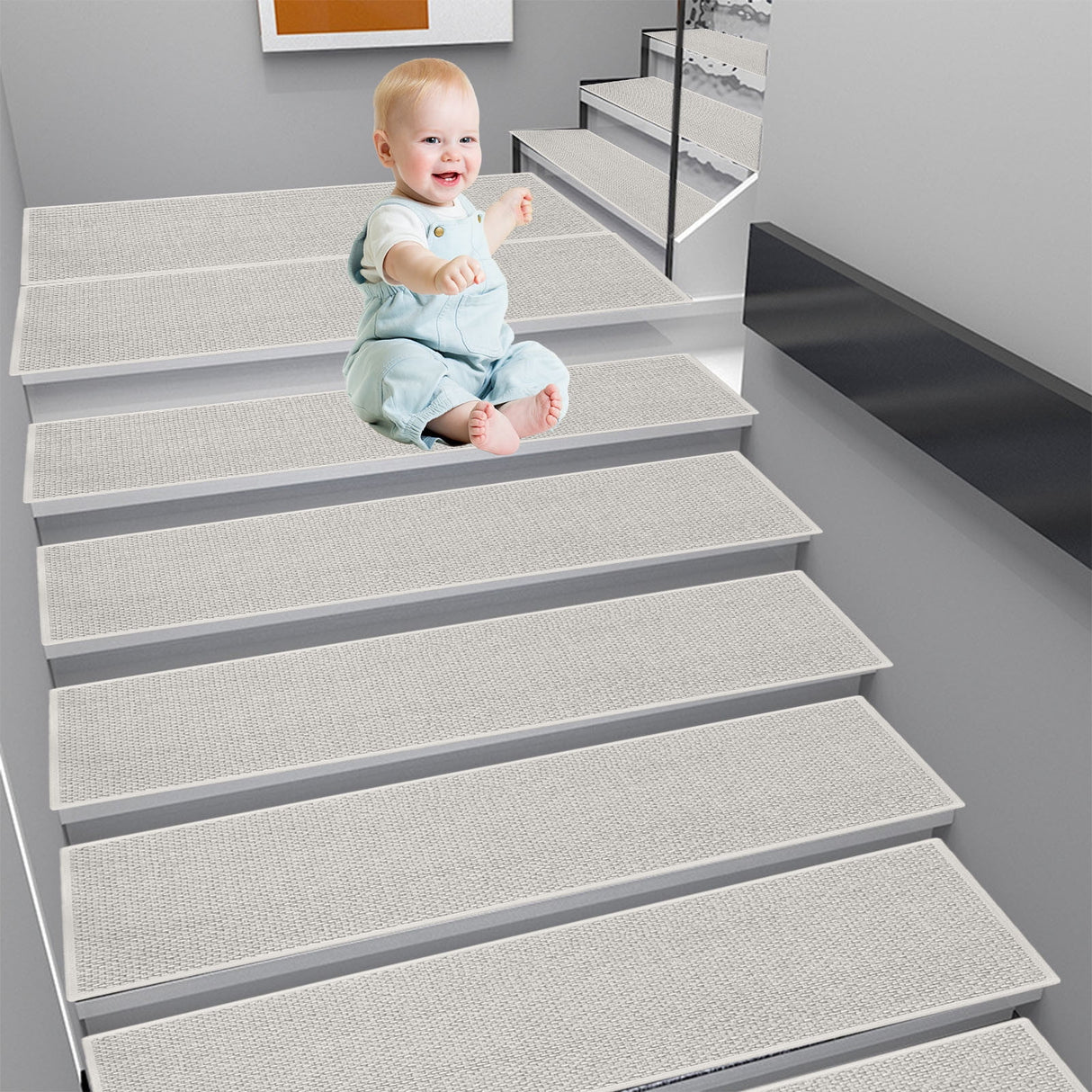Chmadoxn 4-Piece Non-Slip Stair Treads, Self-Adhesive Striped Carpet Mats, Absorbent & Quiet Step Pads, Can Be Cut to Fit, Washable for Indoor Staircase Safety\u200b\u200b White 1