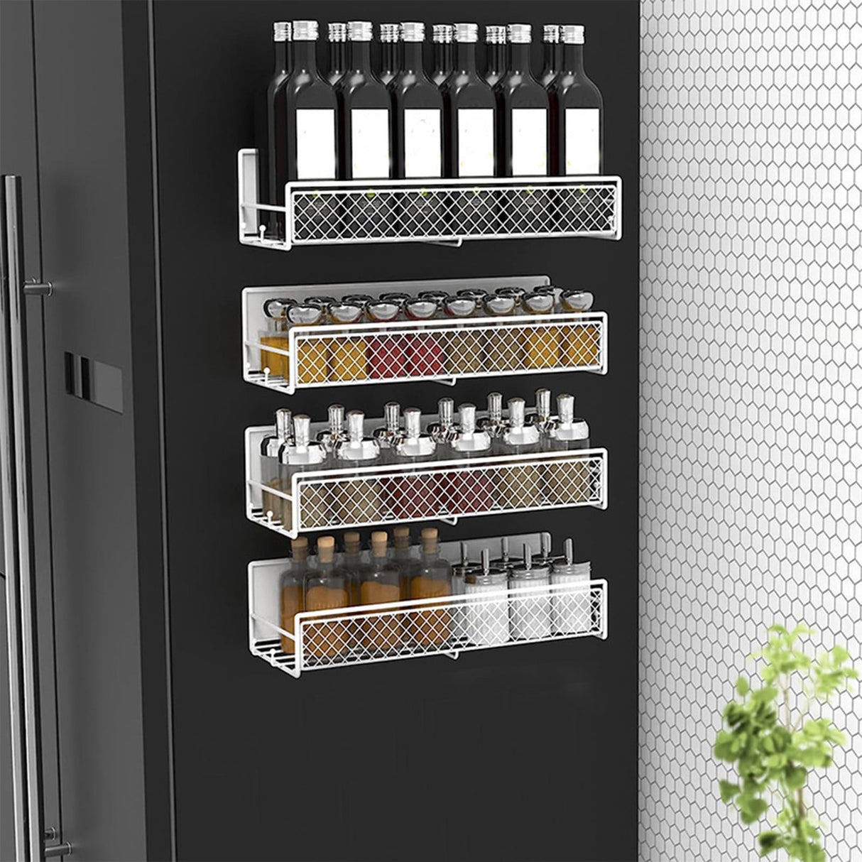 Magnetic Spice Rack Organizer Mesh Design for Refrigerator Oven, Black Storage Rack for Kitchen Spices Condiments, Easy Install Fridge Organizer White