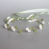 Lily of The Valley Floral Headband Golden Ribbon Design for Brides and Teens