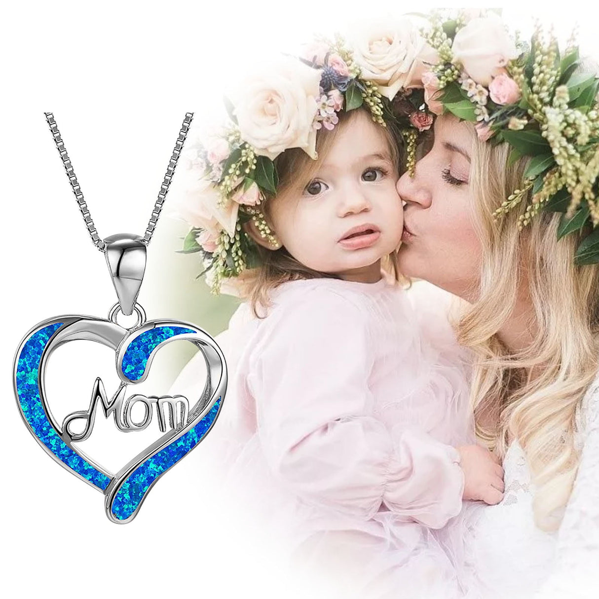 Necklace for Mom 925 Silver Love Heart Pendant Necklace Birthstones Jewelry Blue Sapphire Pearl Simulated and More Stones Jewelry Women Birthday Mother's Day Silver