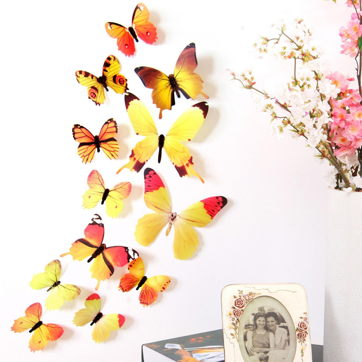 12Pcs Butterfly Wall Decals, 3D Butterfly Wall Stickers Removable DIY Home Decorations Art Decor Wall Stickers Murals for Kids Bedroom Living Room Classroom Office Yellow
