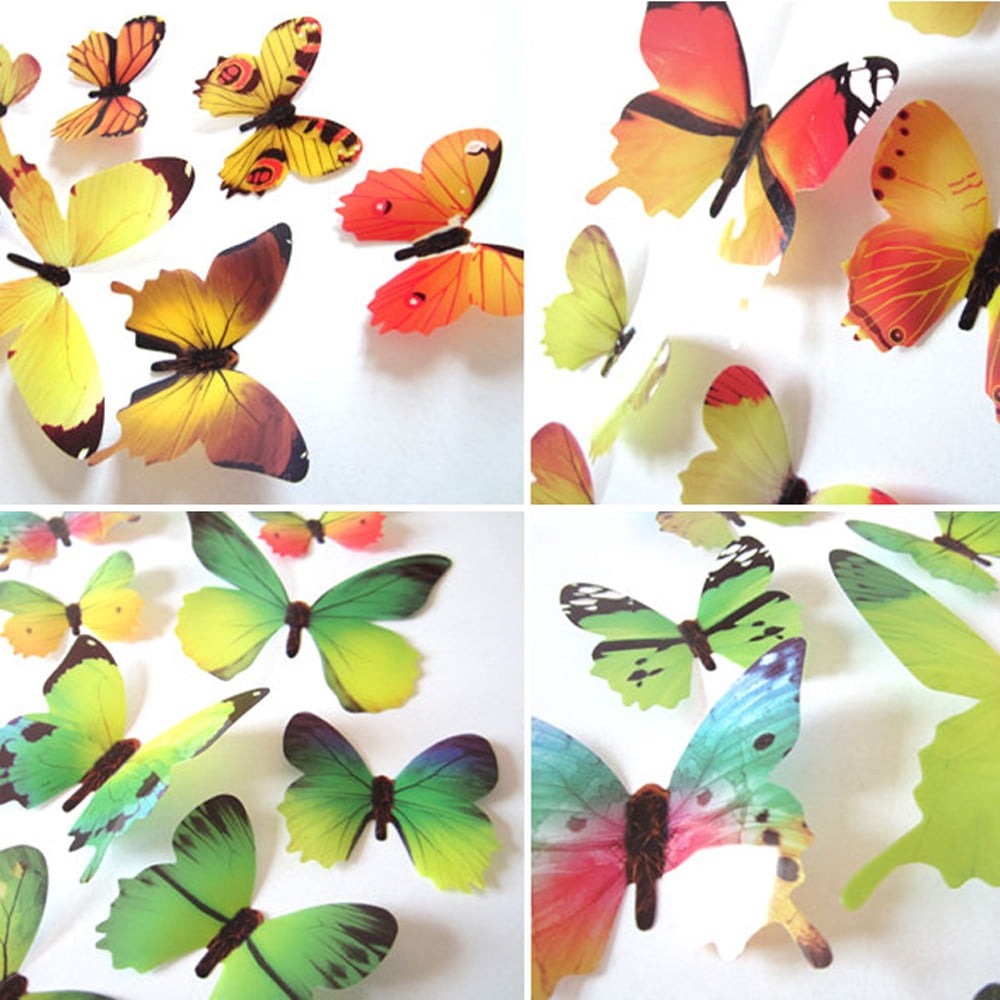 12Pcs Butterfly Wall Decals, 3D Butterfly Wall Stickers Removable DIY Home Decorations Art Decor Wall Stickers Murals for Kids Bedroom Living Room Classroom Office Yellow
