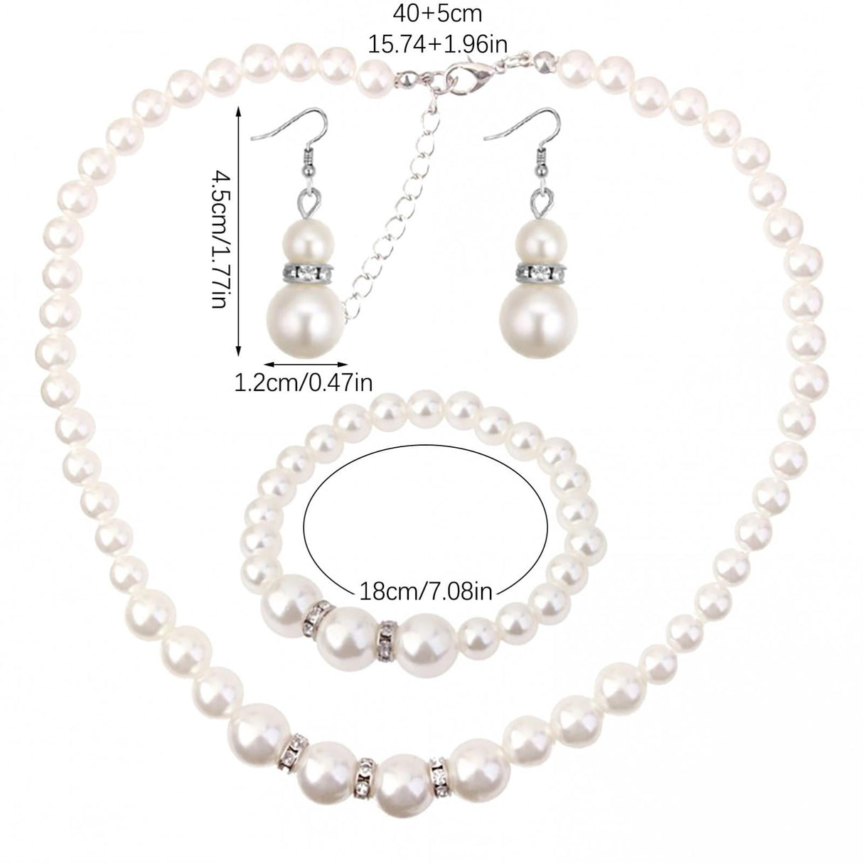 Pearl Necklace and Earring Set Simulated Shell Pearls Round White Silver Pearl Stud Earrings Bracelets Wedding Jewelry Sets for Bride Bridesmaid Women Necklaces for Women Multicolor