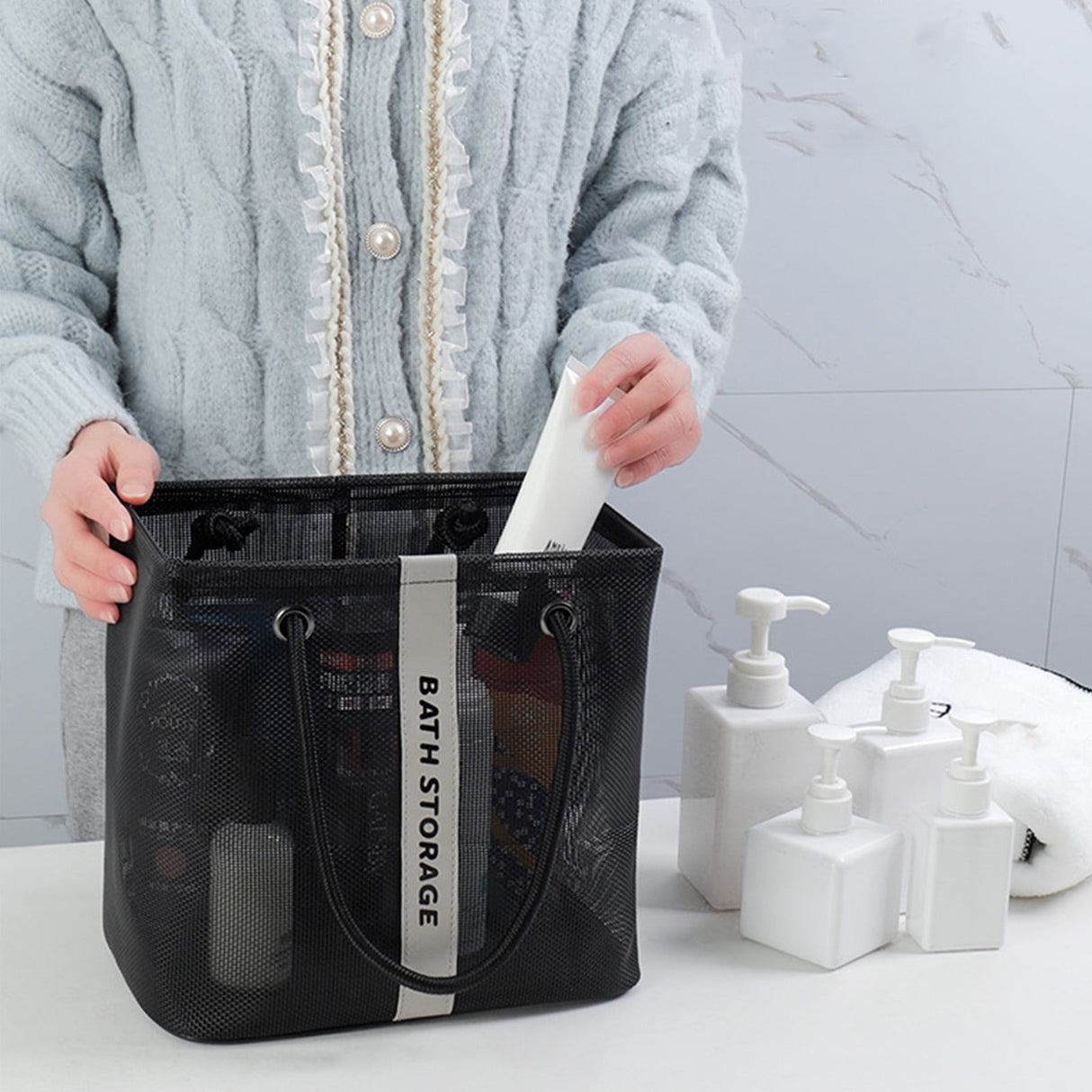 Mesh Shower Caddy Freestanding Portable Shower Tote Bag for College Dorm, Hanging Shower Caddy Dorm Basket, Bathroom, Gym, Travel, Quick Dry Hanging Shower Organizer for Toiletry Essentials 10.2×6.3×9.8 in Black