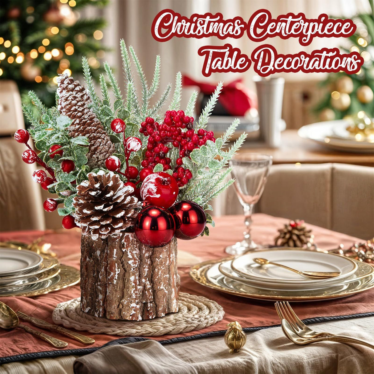 Christmas Decorations Indoor, Christmas Centerpiece Table Decorations, Small Artificial Tabletop/Desk Christmas Tree with Xmas Ornaments Pinecone Berry for Home Farmhouse  Décor (35*10cm)