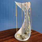3D printed fishtail jewelry stand, single piece, white silk. - Front View