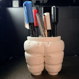 A unique 3D printed down-filled pants pen holder desktop organizer, white. - Front View