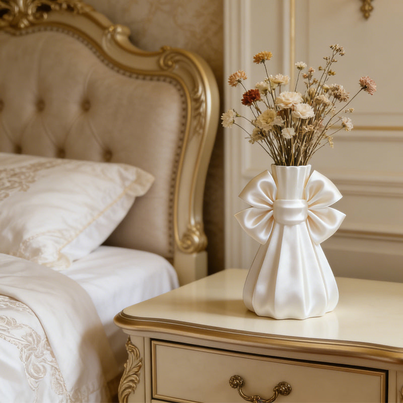 Elegant 3D-printed bow vase, home décor, silk white.