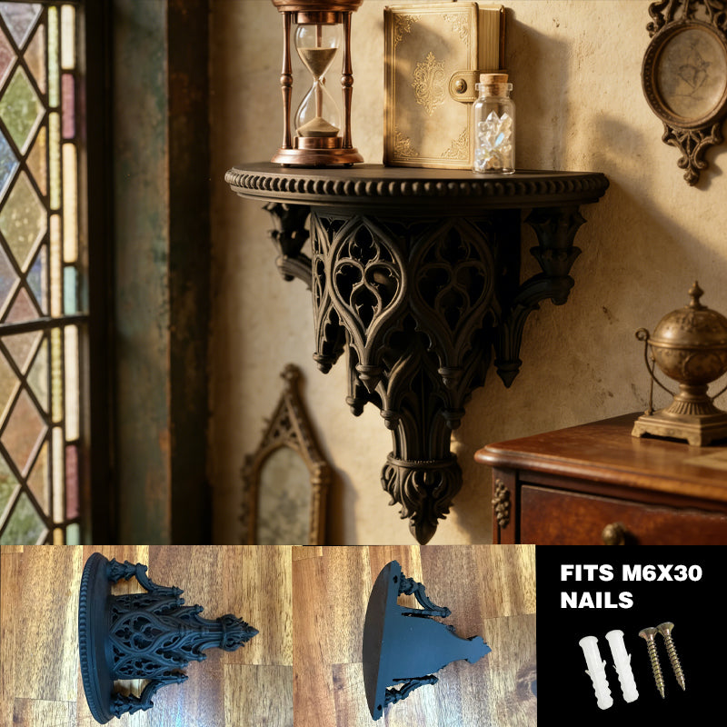 Lightweight 3D-printed scroll wall shelf, black, with m6x30 nails.