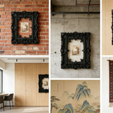 A gorgeous 3D-printed wall-mounted picture frame, perfect for displaying antique prints. Black. - Front View