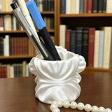 3D printed silk flower pen holder, white silk - Side View