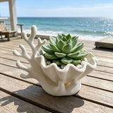 3D-printed coastal coral and clam shell succulent planter pot, white - Front View