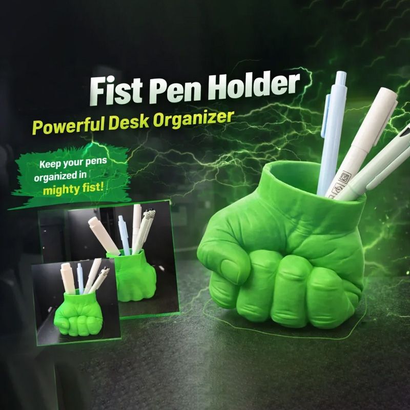 3D Printed Fist-Shaped Pen Holder, Powerful Desktop Organizer, Green