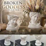 A 3D-printed, broken goddess-themed flowerpot, combining decorative and functional elements, in white.