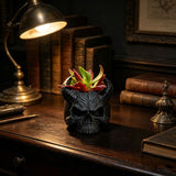 3D-printed horned skull flower pot, succulent plant pot, black. - Front View