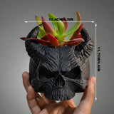 3D-printed horned skull flower pot, succulent plant pot, black. - Side View