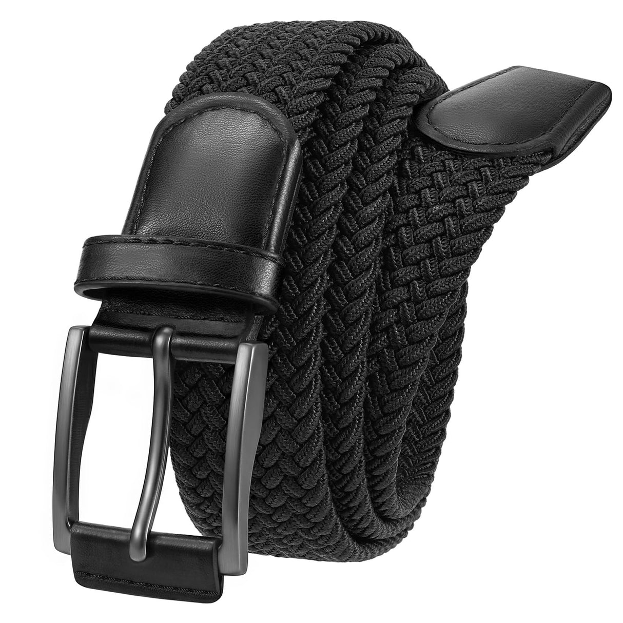 Unisex stretch black woven canvas belt with pin buckle, suitable for jeans, casual pants, shorts and casual wear.