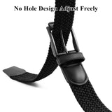 Unisex stretch black woven canvas belt with pin buckle, suitable for jeans, casual pants, shorts and casual wear. - Front View
