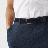 Unisex stretch black woven canvas belt with pin buckle, suitable for jeans, casual pants, shorts and casual wear. - Side View