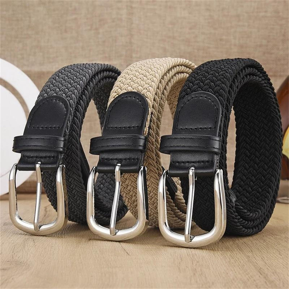 Unisex stretch grey woven canvas belt with pin buckle, suitable for jeans, casual pants, shorts and casual wear.