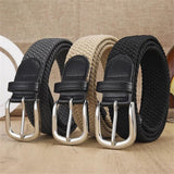 Unisex stretch grey woven canvas belt with pin buckle, suitable for jeans, casual pants, shorts and casual wear. - Front View