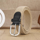 Unisex stretch khaki woven canvas belt with pin buckle, suitable for jeans, casual pants, shorts and casual wear.