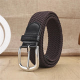 Unisex stretch coffee woven canvas belt with pin buckle, suitable for jeans, casual pants, shorts and casual wear. - Side View