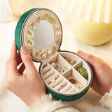 Green Small Portable Jewelry Box with Mirror for Travel, Luxury 3 Layers Jewelry Organizer Compact Case for Necklace Earring - Front View