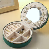 Green Small Portable Jewelry Box with Mirror for Travel, Luxury 3 Layers Jewelry Organizer Compact Case for Necklace Earring - Side View