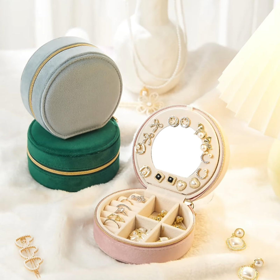 Starlight Gray Small Portable Jewelry Box with Mirror for Travel, Luxury 3 Layers Jewelry Organizer Compact Case for Necklace Earring