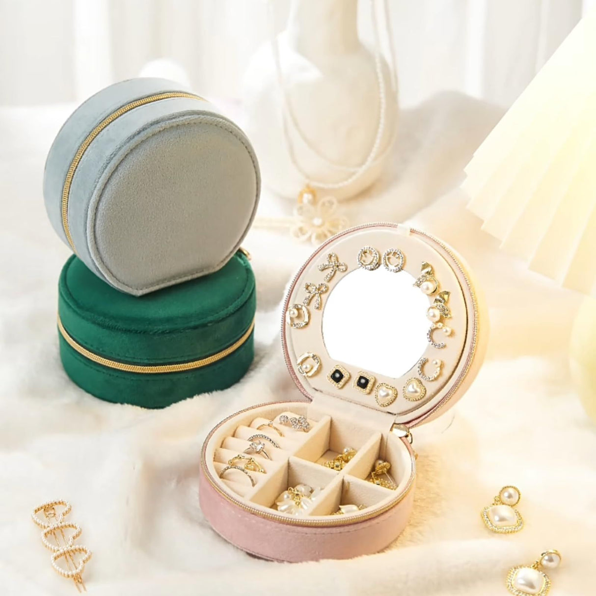 Pink Small Portable Jewelry Box with Mirror for Travel, Luxury 3 Layers Jewelry Organizer Compact Case for Necklace Earring