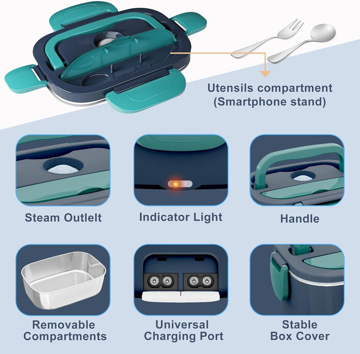 Electric Heated Lunch Box for Men/Women Home 80W Portable Food Warmer with 110V-250V Stainless Steel Leakproof Container for Work Travel Jobsite Camping Christmas White Elephant Gifts