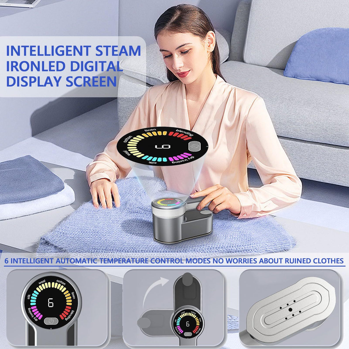 Portable Steamer for Clothes Handheld Steaming Ironing Machine, 6 Gears Adjustable Ironing Steaming Steamer Iron, Color Screen Display Dry Wet 1200W Wrinkle Remover Clothes Iron