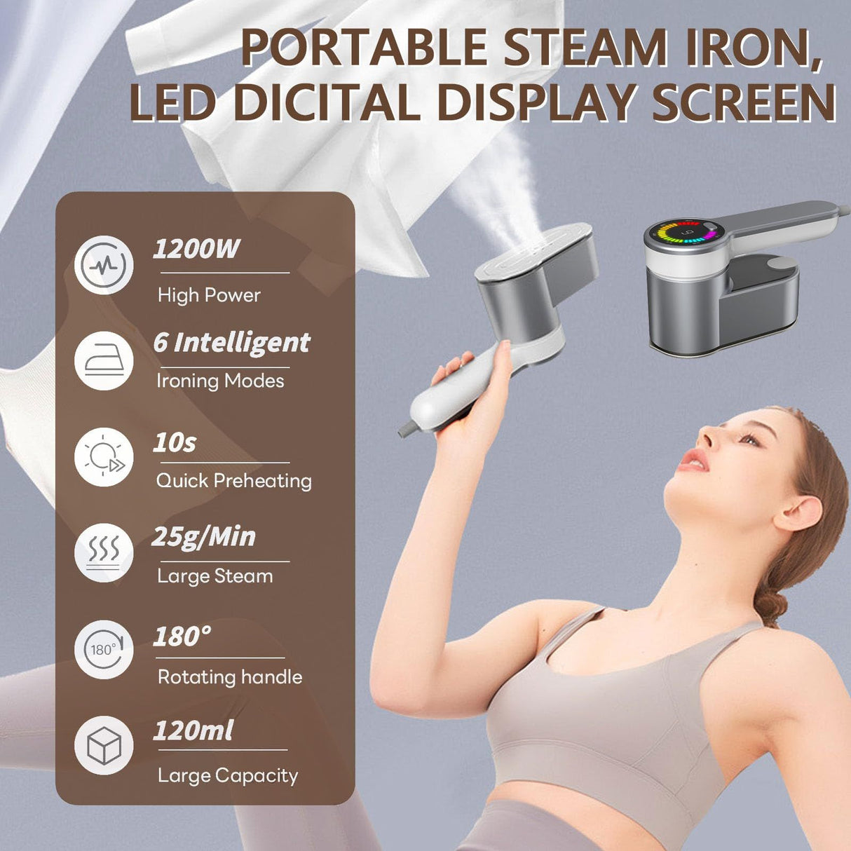 Portable Steamer for Clothes Handheld Steaming Ironing Machine, 6 Gears Adjustable Ironing Steaming Steamer Iron, Color Screen Display Dry Wet 1200W Wrinkle Remover Clothes Iron