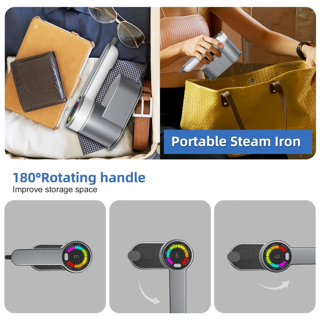 Portable Steamer for Clothes Handheld Steaming Ironing Machine, 6 Gears Adjustable Ironing Steaming Steamer Iron, Color Screen Display Dry Wet 1200W Wrinkle Remover Clothes Iron