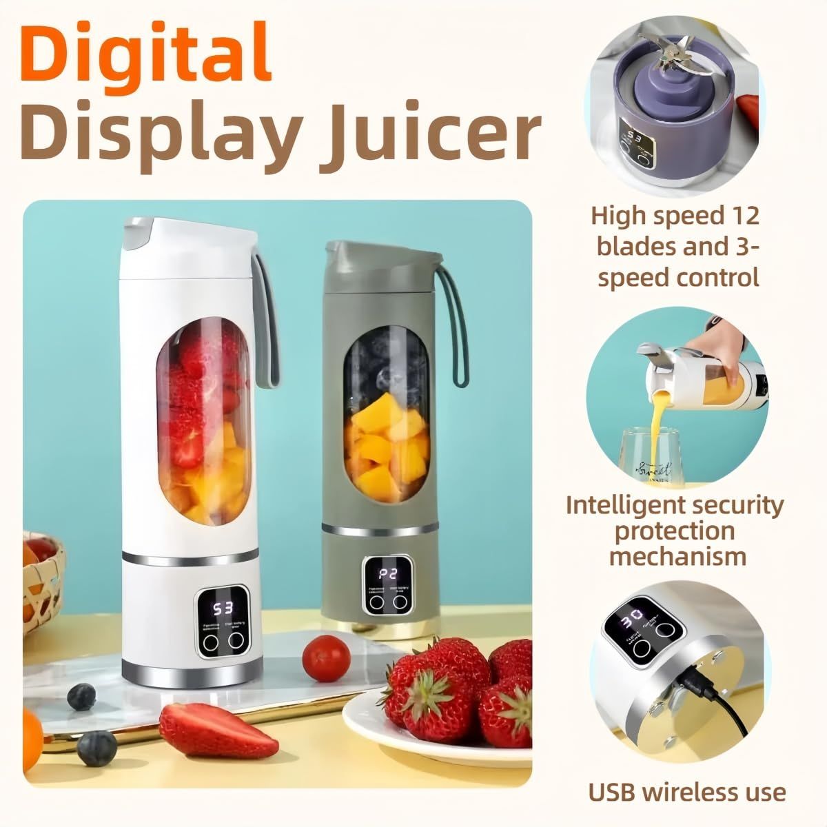 Digital Display Juicer-Smart LED Display, Diet-Friendly Portable Multimode Blender Personal Electric USB 500ML Portable juicer Shakes and Smoothies Blender Small Blenders Mixing,White