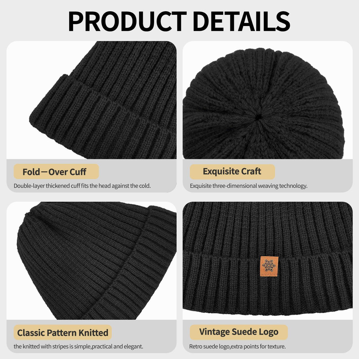 Unisex black warm knitted winter hat, fleece lining, soft and warm, ski hat, narrow brim, suitable for cold weather.