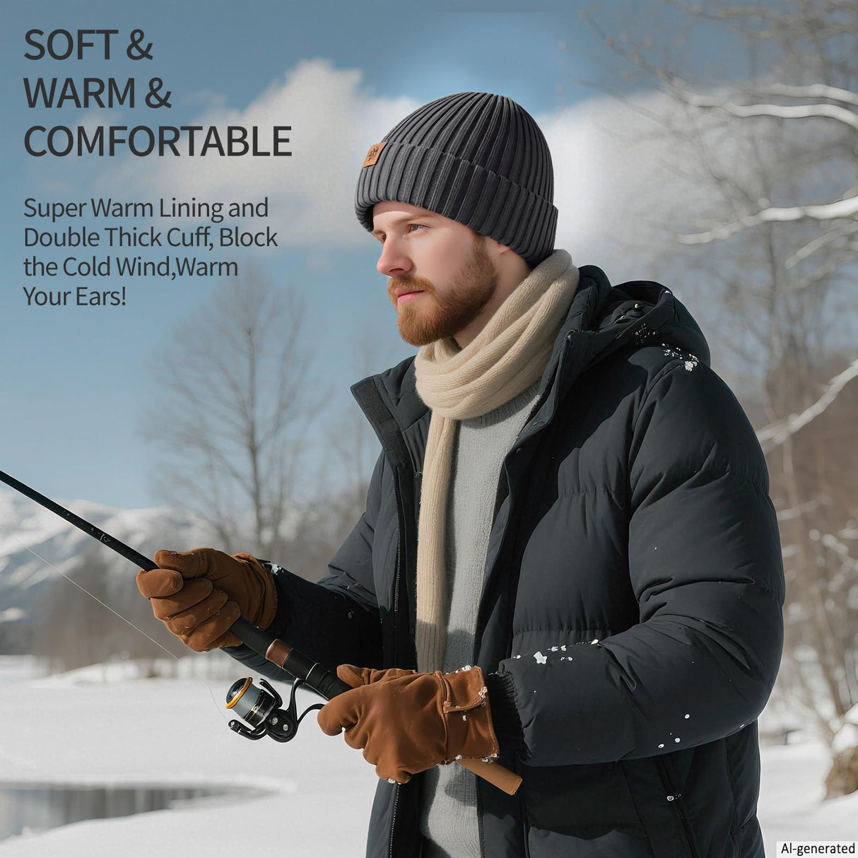 Unisex dark gray warm knitted winter hat, fleece lining, soft and warm, ski hat, narrow brim, suitable for cold weather.