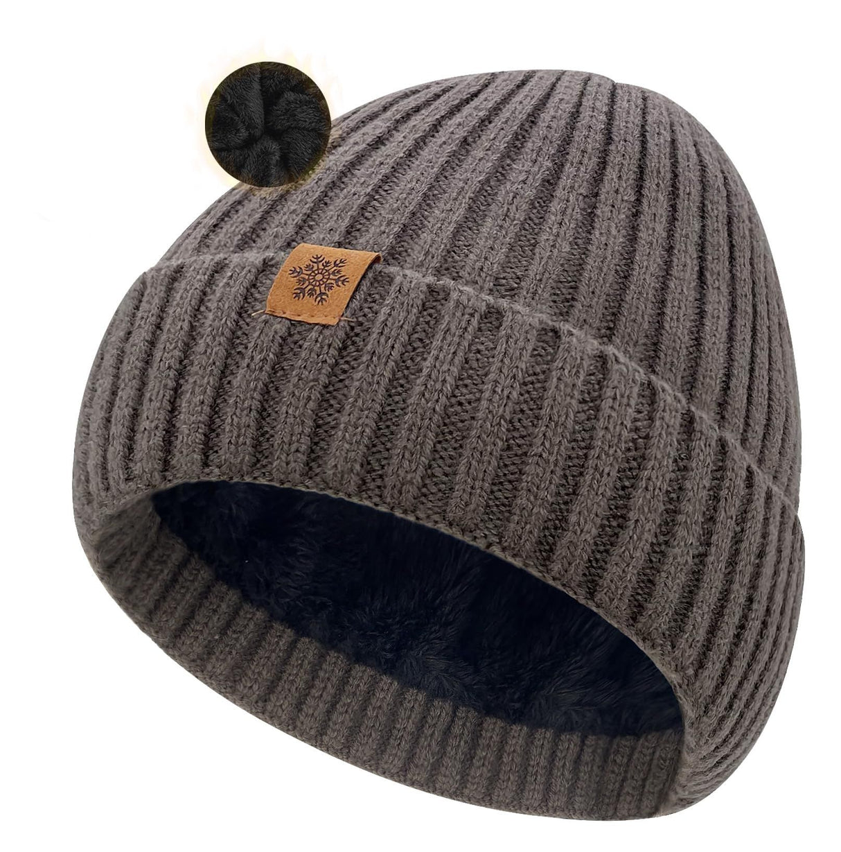 Unisex brown warm knitted winter hat, fleece lining, soft and warm, ski hat, narrow brim, suitable for cold weather.
