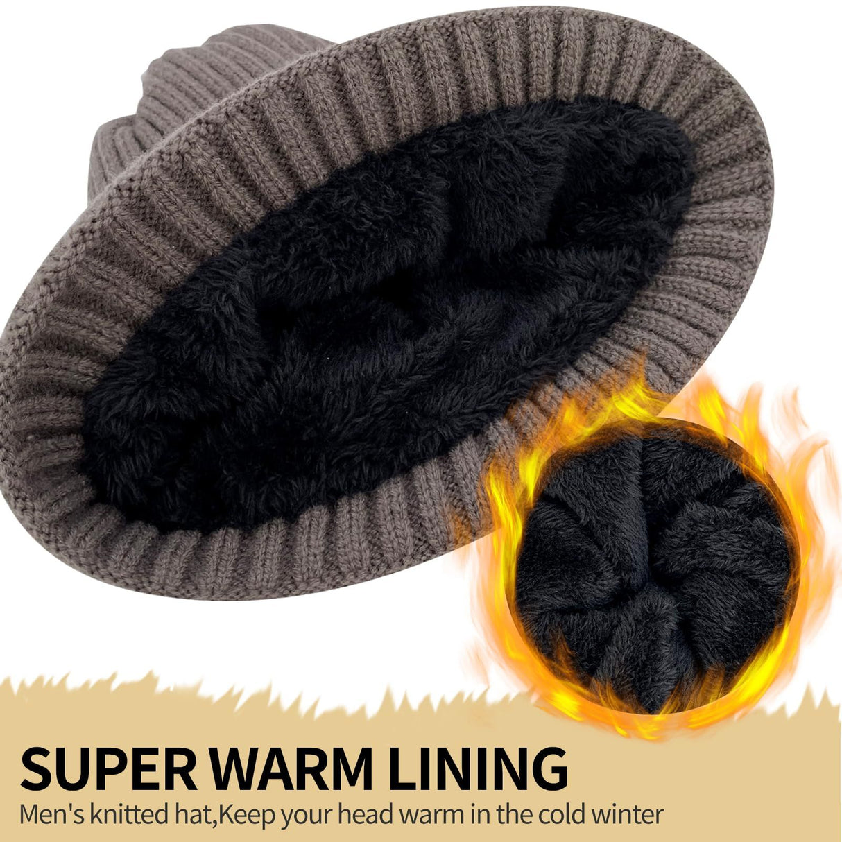 Unisex brown warm knitted winter hat, fleece lining, soft and warm, ski hat, narrow brim, suitable for cold weather.