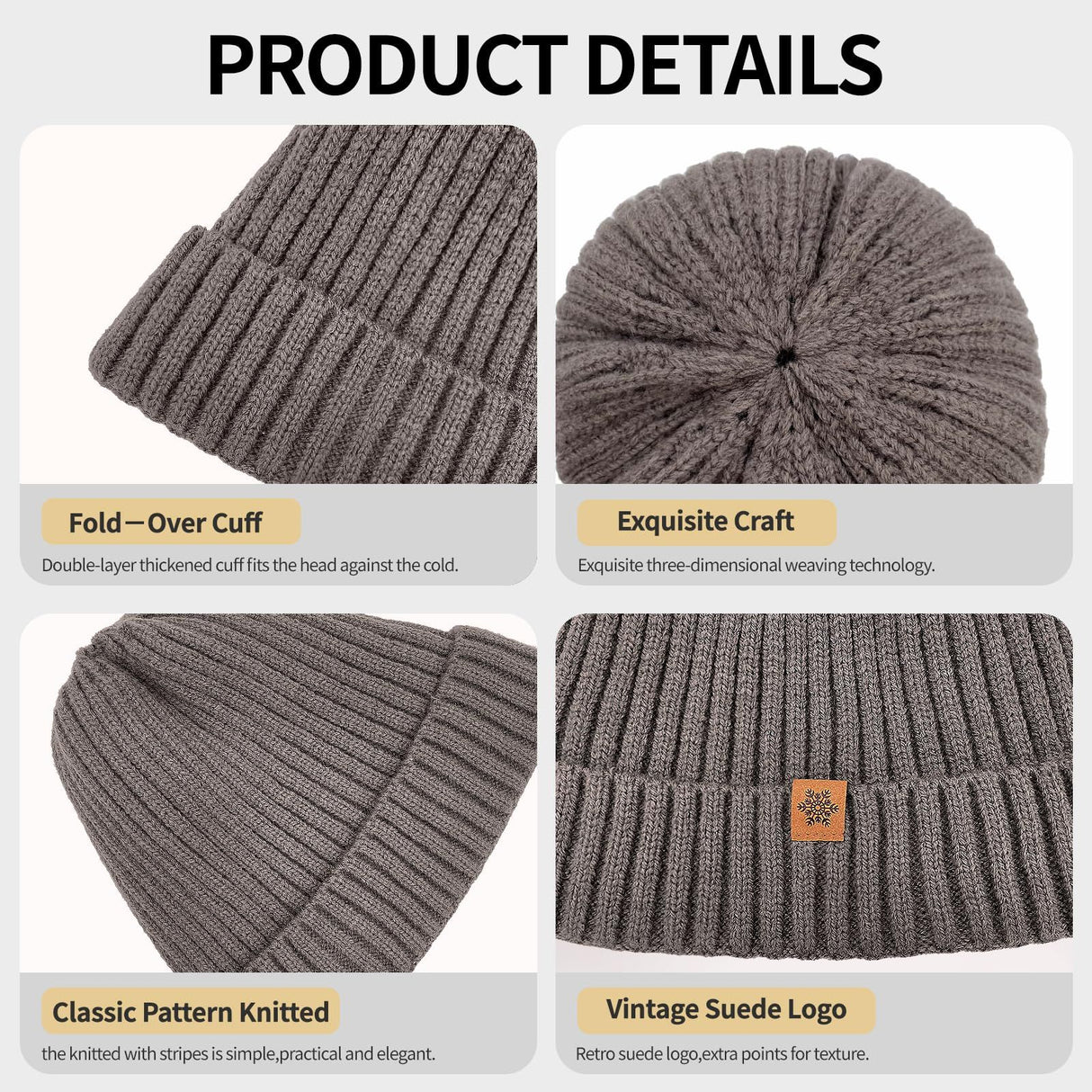 Unisex brown warm knitted winter hat, fleece lining, soft and warm, ski hat, narrow brim, suitable for cold weather.