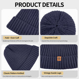 Unisex navy blue warm knitted winter hat, fleece lining, soft and warm, ski hat, narrow brim, suitable for cold weather. - Side View