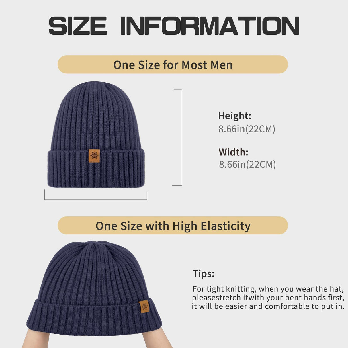 Unisex navy blue warm knitted winter hat, fleece lining, soft and warm, ski hat, narrow brim, suitable for cold weather.