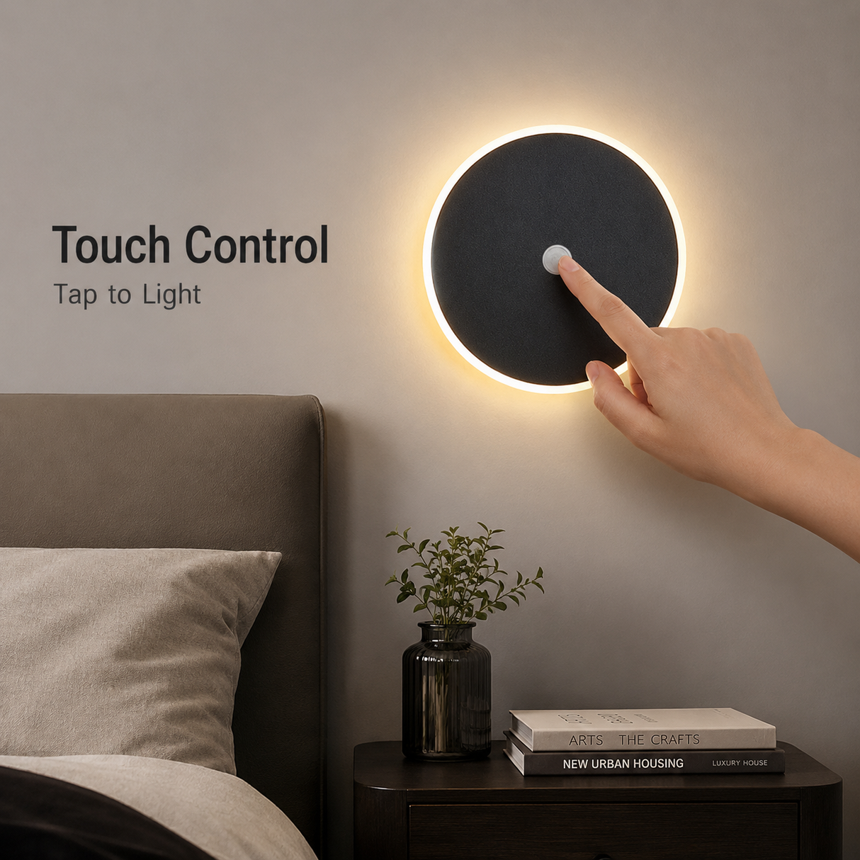 Magnetic Round Wall Lamp 20cm White, 10W Rechargeable LED Wall Sconce with Touch Control, 3-Color Light, Battery Powered Modern Disc Wall Light for Bedroom Hallway Living Room