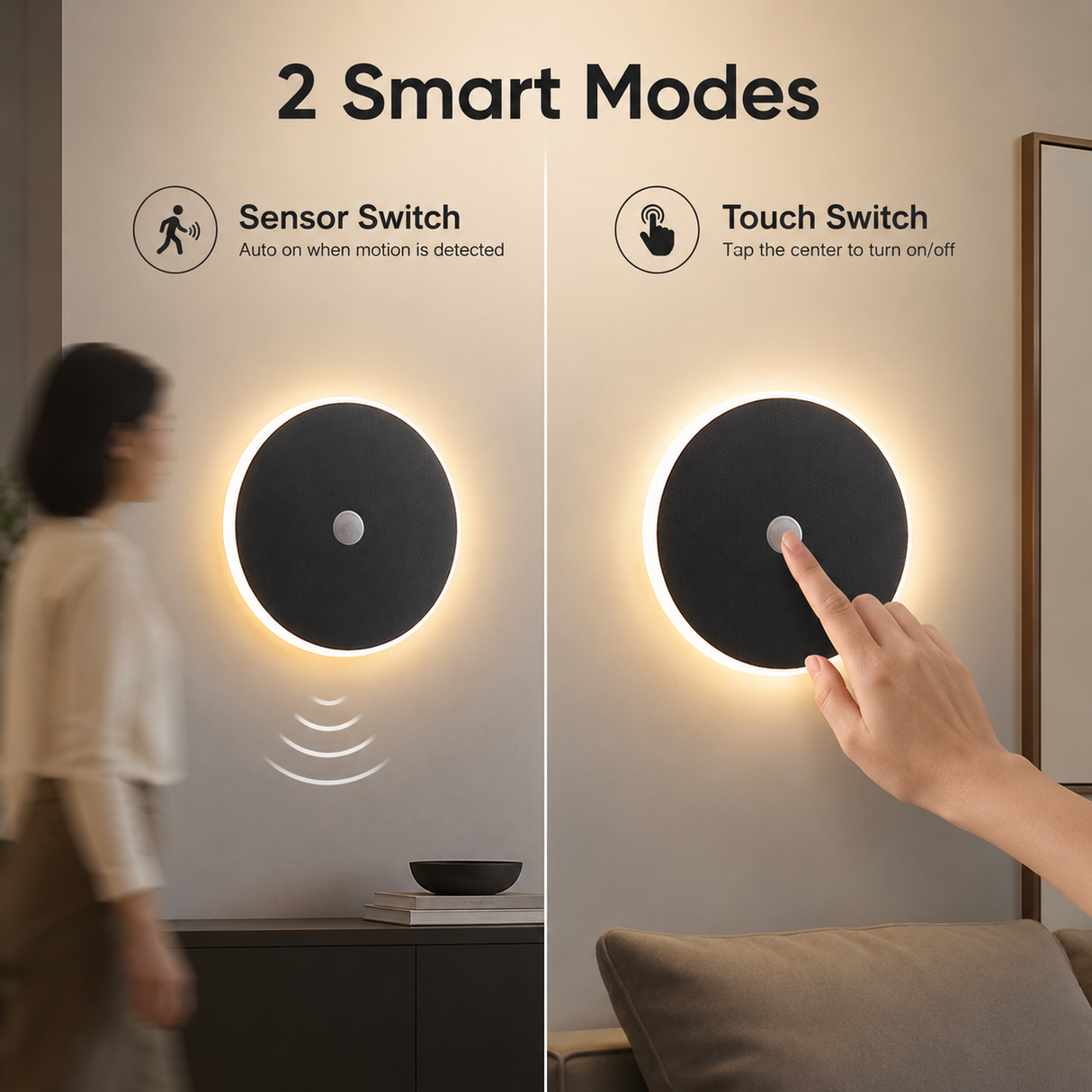 Magnetic Round Wall Lamp 20cm White, 10W Rechargeable LED Wall Sconce with Touch Control, 3-Color Light, Battery Powered Modern Disc Wall Light for Bedroom Hallway Living Room