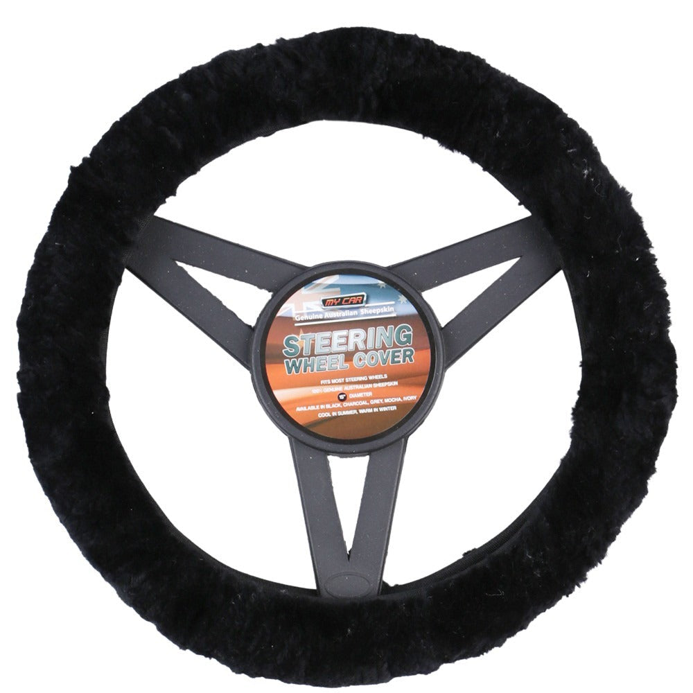 Luxury Genuine Australian Sheepskin Steering Wheel Cover - Black