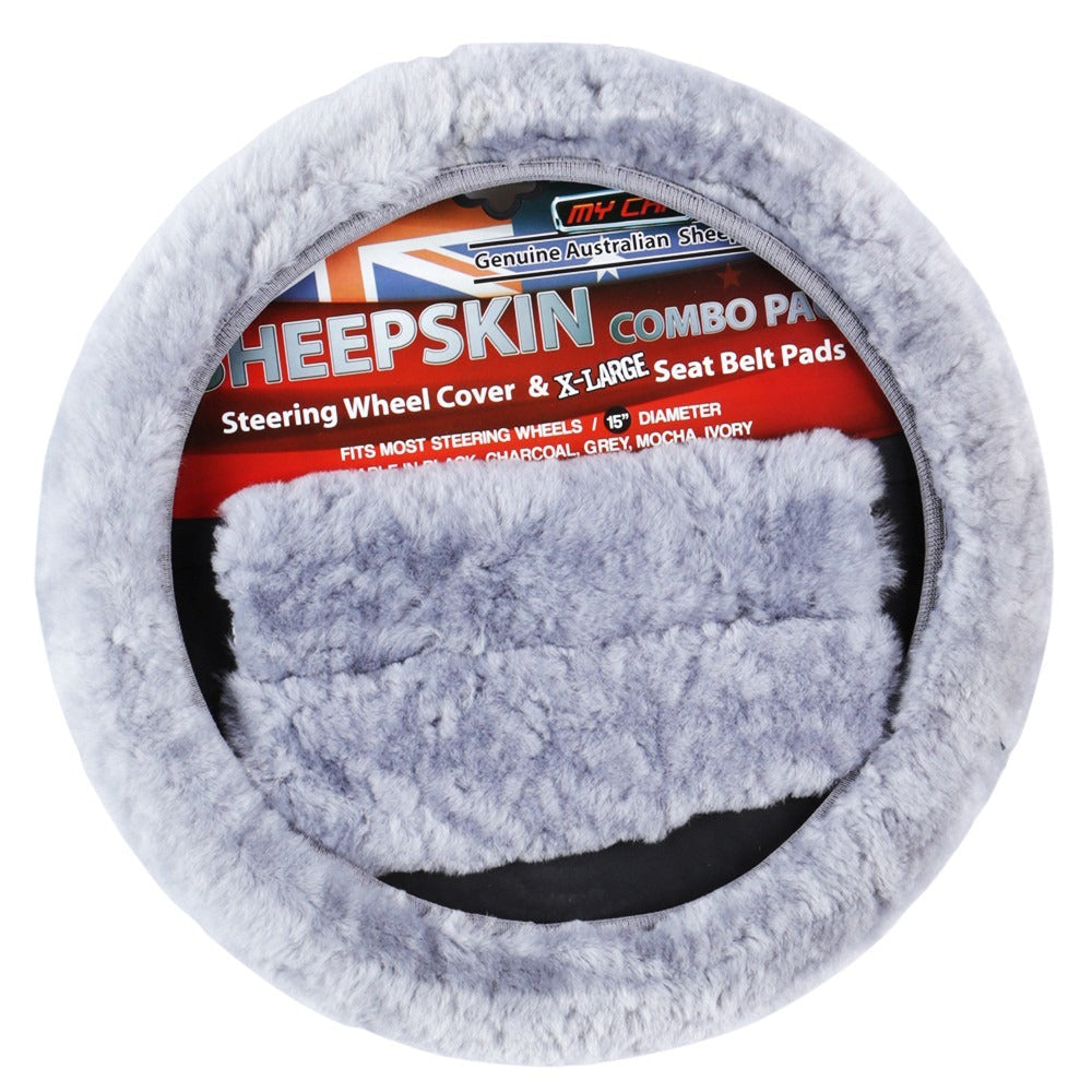 Luxury Genuine Sheepskin Steering Wheel and Seat Belt Pad Set - Grey